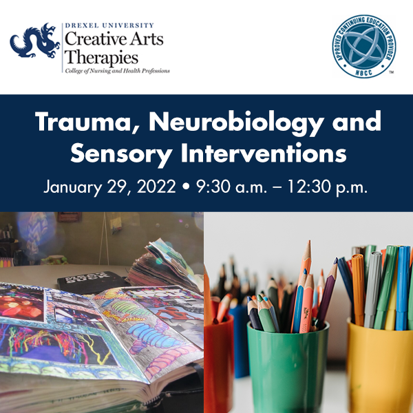 Title 'Trauma, Neurobiology and Sensory Interventions" with colored pencils in cups and open colorful sketch book 